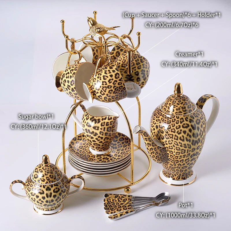 Wild Grace Collection: A sophisticated porcelain tea and coffee set featuring a bold leopard print, including a teapot, cups, sugar bowl, and creamer.