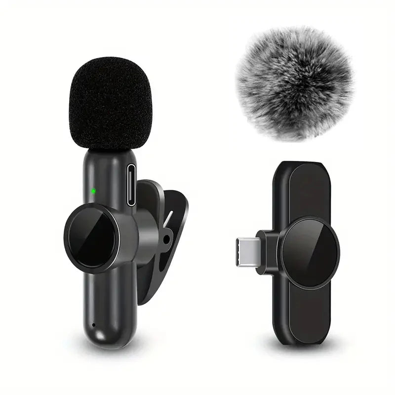 The AirMic:  A wireless lavalier microphone designed for seamless audio and video recording on your mobile phone, featuring a windproof cover.