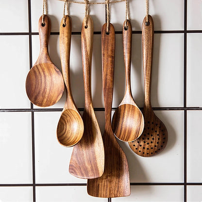 The Teak Chef: Your complete wooden kitchen tool kit, featuring a special skimmer and other spoons, all made from natural teak.