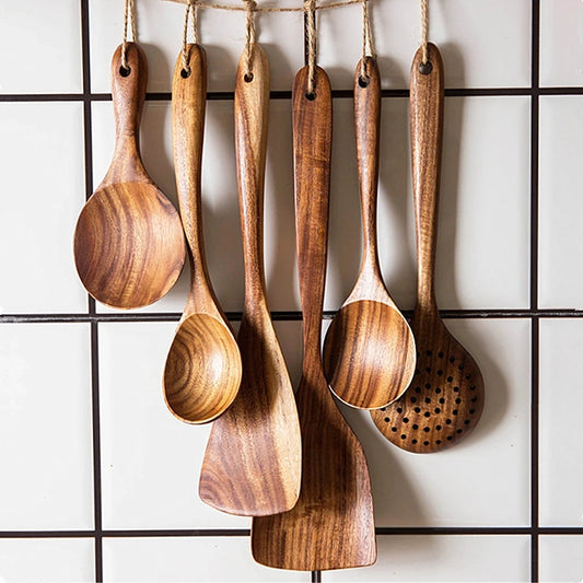 The Teak Chef: Your complete wooden kitchen tool kit, featuring a special skimmer and other spoons, all made from natural teak.