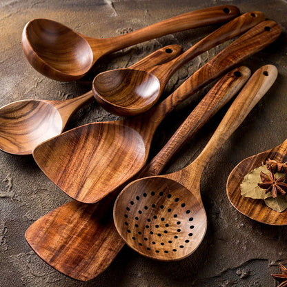 The Teak Chef: Your complete wooden kitchen tool kit, featuring a special skimmer and other spoons, all made from natural teak.