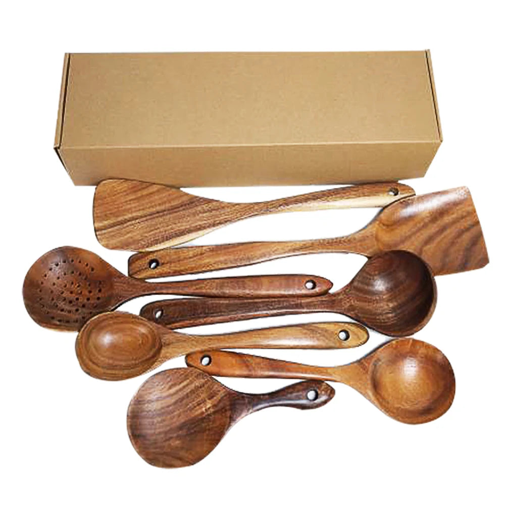 The Teak Chef: Your complete wooden kitchen tool kit, featuring a special skimmer and other spoons, all made from natural teak.