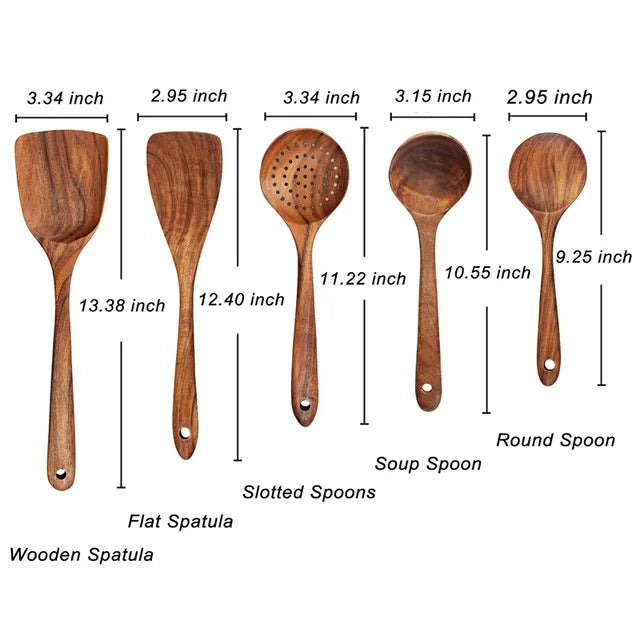 The Teak Chef: Your complete wooden kitchen tool kit, featuring a special skimmer and other spoons, all made from natural teak.
