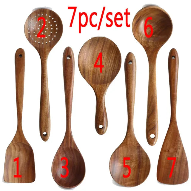 The Teak Chef: Your complete wooden kitchen tool kit, featuring a special skimmer and other spoons, all made from natural teak.