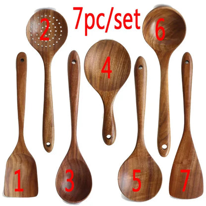 The Teak Chef: Your complete wooden kitchen tool kit, featuring a special skimmer and other spoons, all made from natural teak.