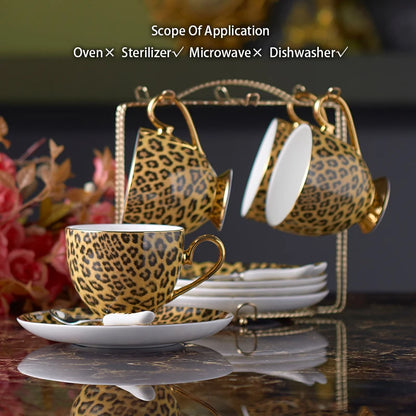 Wild Grace Collection: A sophisticated porcelain tea and coffee set featuring a bold leopard print, including a teapot, cups, sugar bowl, and creamer.
