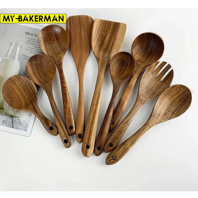 The Teak Chef: Your complete wooden kitchen tool kit, featuring a special skimmer and other spoons, all made from natural teak.