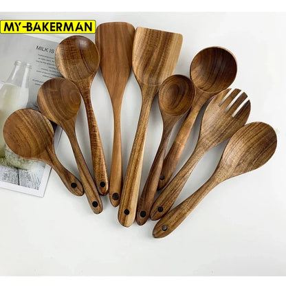 The Teak Chef: Your complete wooden kitchen tool kit, featuring a special skimmer and other spoons, all made from natural teak.