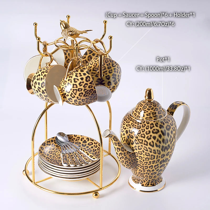 Wild Grace Collection: A sophisticated porcelain tea and coffee set featuring a bold leopard print, including a teapot, cups, sugar bowl, and creamer.