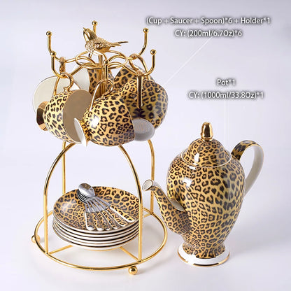 Wild Grace Collection: A sophisticated porcelain tea and coffee set featuring a bold leopard print, including a teapot, cups, sugar bowl, and creamer.