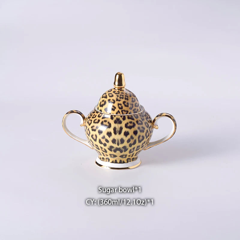 Wild Grace Collection: A sophisticated porcelain tea and coffee set featuring a bold leopard print, including a teapot, cups, sugar bowl, and creamer.
