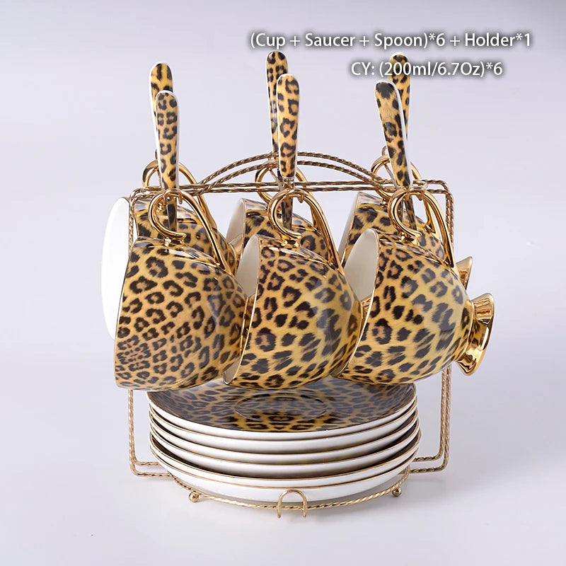 Wild Grace Collection: A sophisticated porcelain tea and coffee set featuring a bold leopard print, including a teapot, cups, sugar bowl, and creamer.