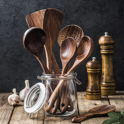 The Teak Chef: Your complete wooden kitchen tool kit, featuring a special skimmer and other spoons, all made from natural teak.