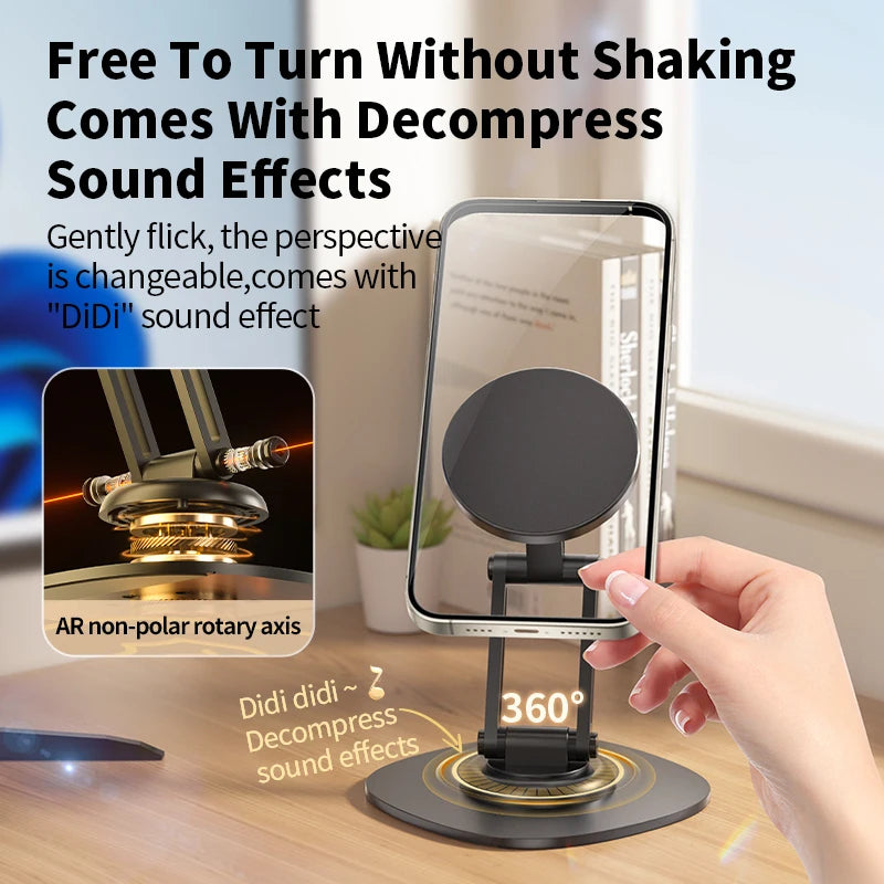MagniFlex: A 1080° rotation magnetic phone holder with a foldable design, offering a multi-angle adjustable stand for iPhone, Samsung, and more.