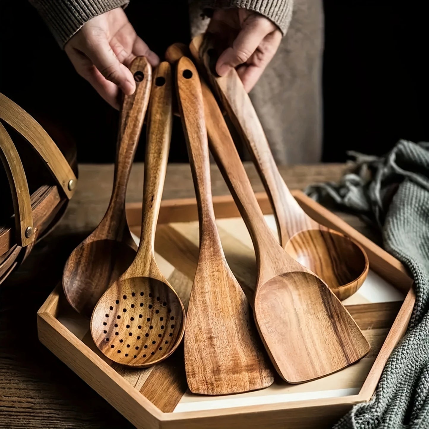 The Natural Chef:  Your complete wooden kitchen utensil set, including spoons, ladles, and spatulas, made for seamless cooking with your non-stick cookware.