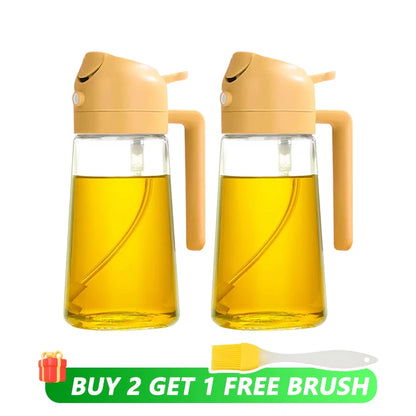 The Duo-Dispenser: A 500mL 2-in-1 oil sprayer and pourer, the perfect plastic oil dispenser for your kitchen, camping, and BBQ needs.