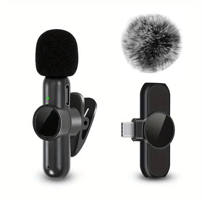 The AirMic:  A wireless lavalier microphone designed for seamless audio and video recording on your mobile phone, featuring a windproof cover.