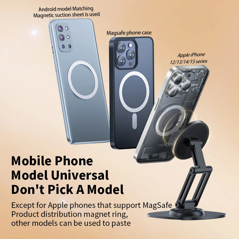 MagniFlex: A 1080° rotation magnetic phone holder with a foldable design, offering a multi-angle adjustable stand for iPhone, Samsung, and more.