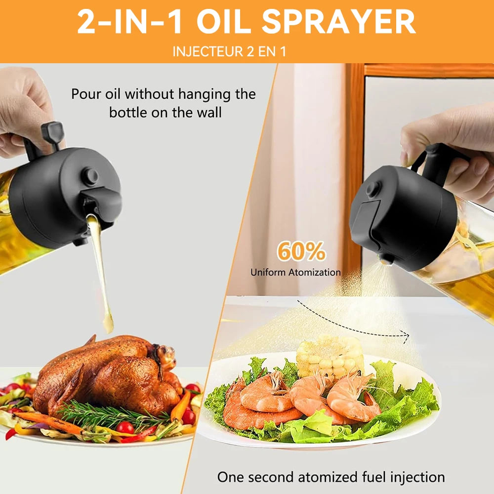The Duo-Dispenser: A 500mL 2-in-1 oil sprayer and pourer, the perfect plastic oil dispenser for your kitchen, camping, and BBQ needs.