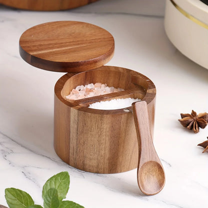 Acacia Essence: A durable acacia wood salt and pepper jar, a perfect storage solution for your kitchen seasonings.