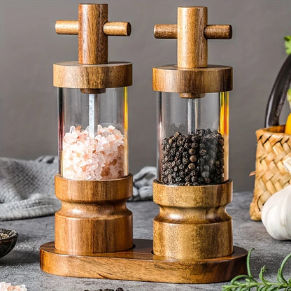 Rustic Mill Trio: : See your spices in this transparent acrylic and wooden pepper and salt mill set, designed for simple, manual home use.
