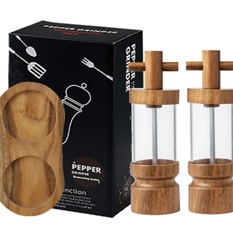 Rustic Mill Trio: : See your spices in this transparent acrylic and wooden pepper and salt mill set, designed for simple, manual home use.