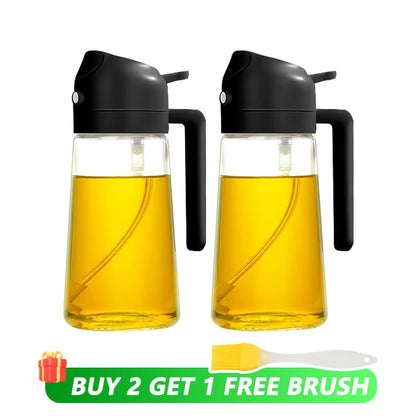 The Duo-Dispenser: A 500mL 2-in-1 oil sprayer and pourer, the perfect plastic oil dispenser for your kitchen, camping, and BBQ needs.