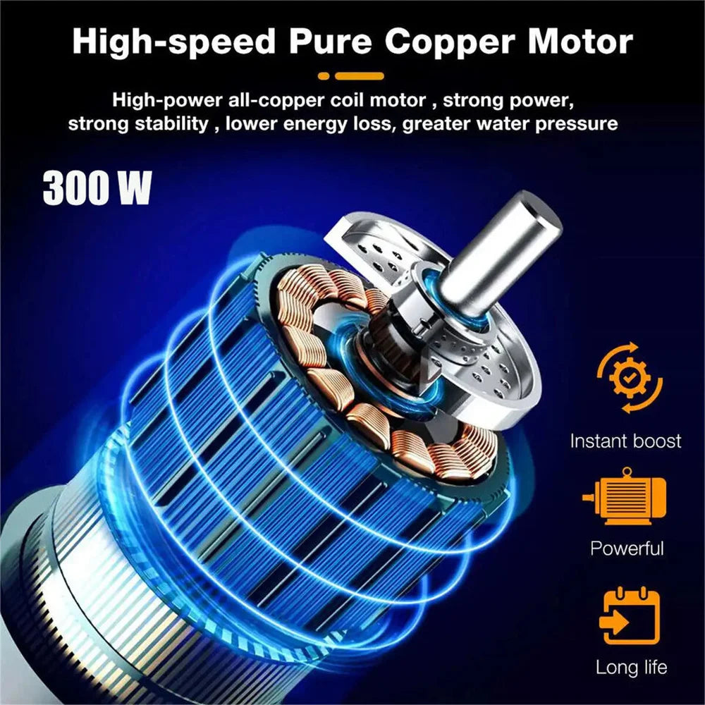 AquaJet Pro: The ultimate portable solution for a sparkling clean car, powered by a 300W motor and a long-lasting 12000mAh battery.