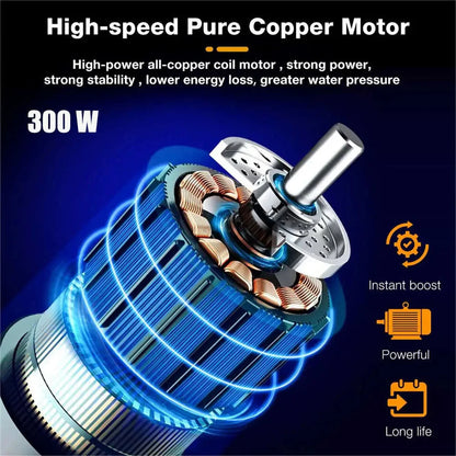 AquaJet Pro: The ultimate portable solution for a sparkling clean car, powered by a 300W motor and a long-lasting 12000mAh battery.