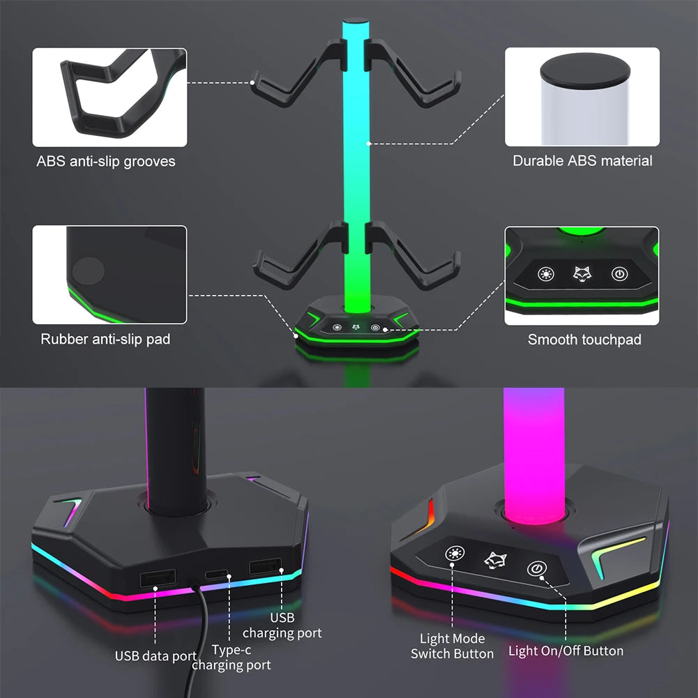 LuminaSync: The ultimate Desktop Display Holder, this RGB Headset Stand features 9 Light Modes and a Controller Hook to keep your gaming setup organized.