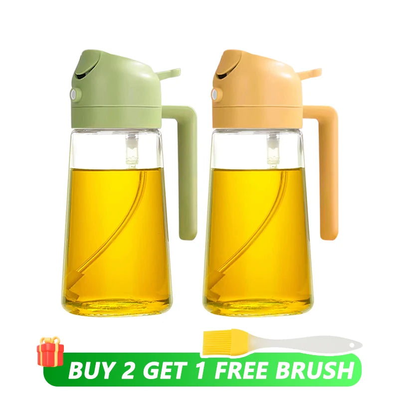 The Duo-Dispenser: A 500mL 2-in-1 oil sprayer and pourer, the perfect plastic oil dispenser for your kitchen, camping, and BBQ needs.