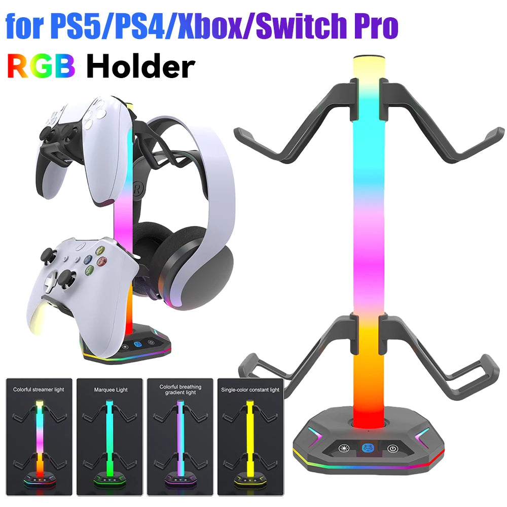 LuminaSync: The ultimate Desktop Display Holder, this RGB Headset Stand features 9 Light Modes and a Controller Hook to keep your gaming setup organized.