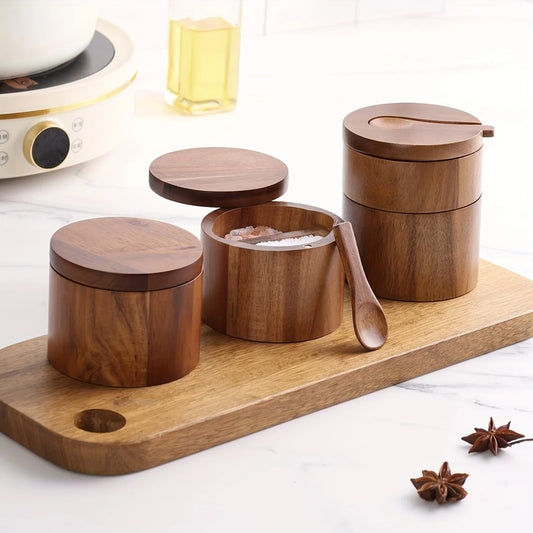 Acacia Essence: A durable acacia wood salt and pepper jar, a perfect storage solution for your kitchen seasonings.