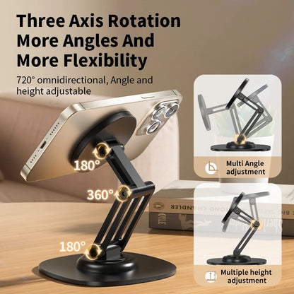 MagniFlex: A 1080° rotation magnetic phone holder with a foldable design, offering a multi-angle adjustable stand for iPhone, Samsung, and more.