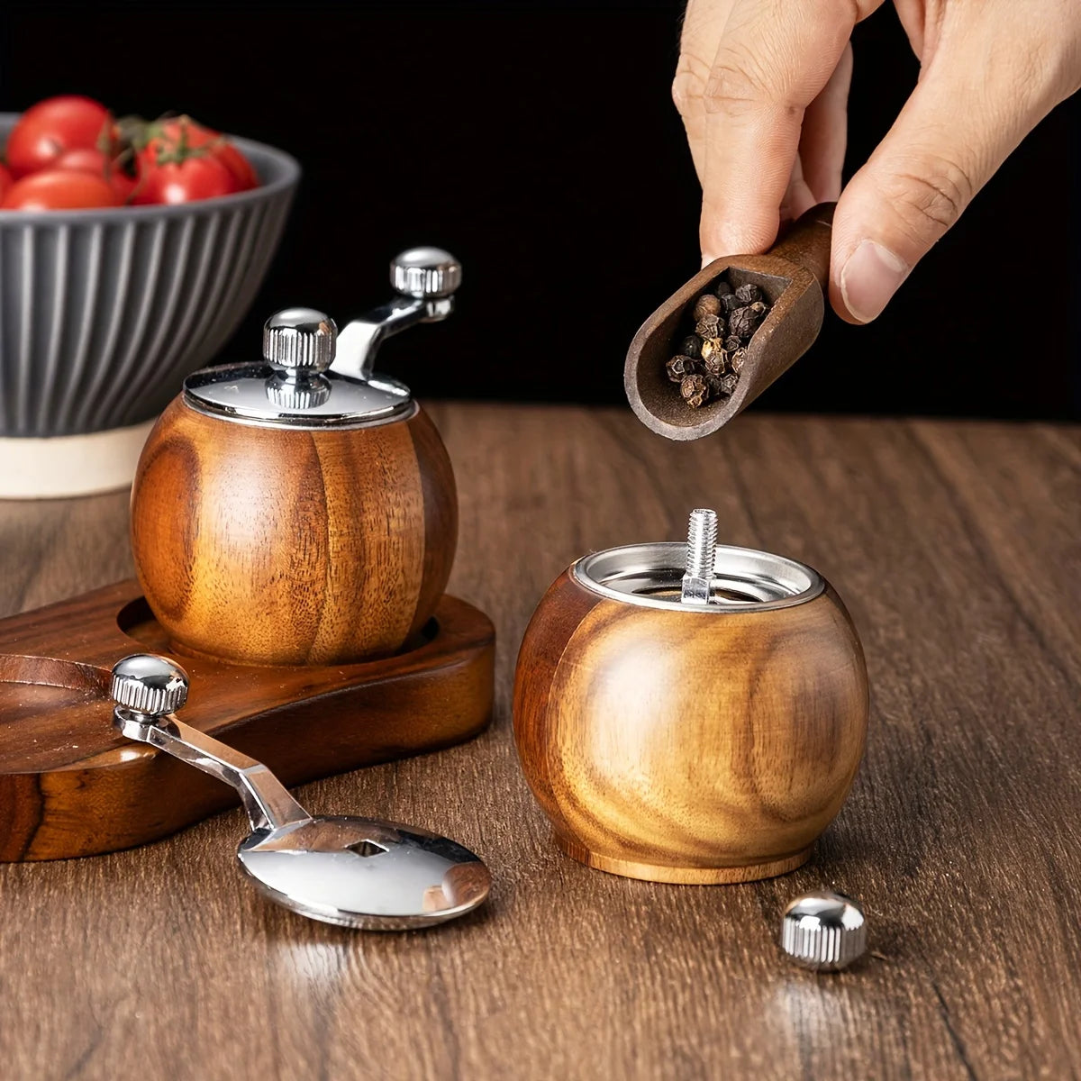 Spice Trio: This 3-piece solid wood pepper grinder set provides adjustable coarseness with a durable ceramic rotor for all your cooking needs.