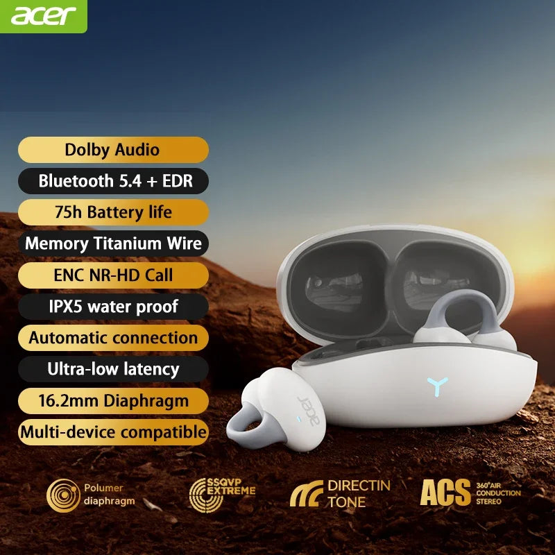 Acer SoundFlow: Experience freedom with Dolby Sound, IP5 waterproof design, and a secure clip-on fit.