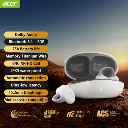 Acer SoundFlow: Experience freedom with Dolby Sound, IP5 waterproof design, and a secure clip-on fit.