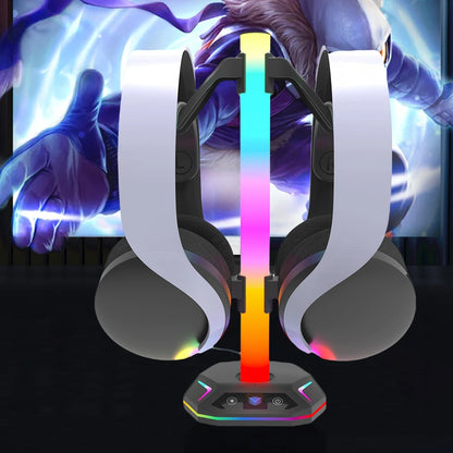 LuminaSync: The ultimate Desktop Display Holder, this RGB Headset Stand features 9 Light Modes and a Controller Hook to keep your gaming setup organized.