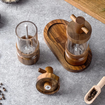 Rustic Mill Trio: : See your spices in this transparent acrylic and wooden pepper and salt mill set, designed for simple, manual home use.