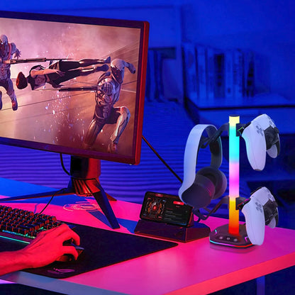 LuminaSync: The ultimate Desktop Display Holder, this RGB Headset Stand features 9 Light Modes and a Controller Hook to keep your gaming setup organized.