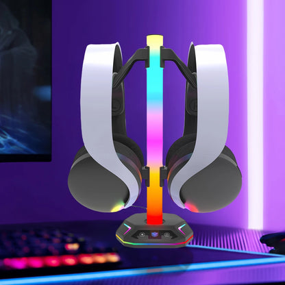 LuminaSync: The ultimate Desktop Display Holder, this RGB Headset Stand features 9 Light Modes and a Controller Hook to keep your gaming setup organized.