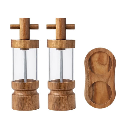 Rustic Mill Trio: : See your spices in this transparent acrylic and wooden pepper and salt mill set, designed for simple, manual home use.
