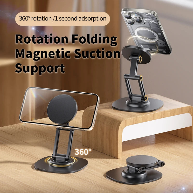 MagniFlex: A 1080° rotation magnetic phone holder with a foldable design, offering a multi-angle adjustable stand for iPhone, Samsung, and more.