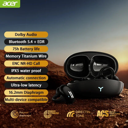 Acer SoundFlow: Experience freedom with Dolby Sound, IP5 waterproof design, and a secure clip-on fit.