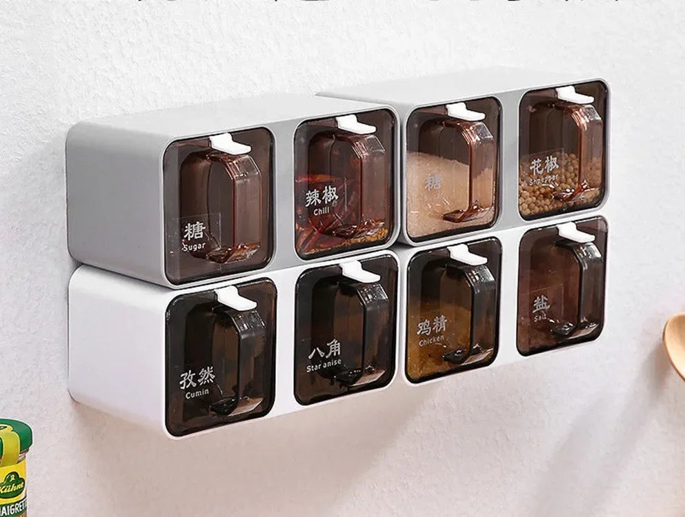 The Flavor Fusion: A smart, wall-mounted multi-grid salt and seasoning storage solution for your kitchen.
